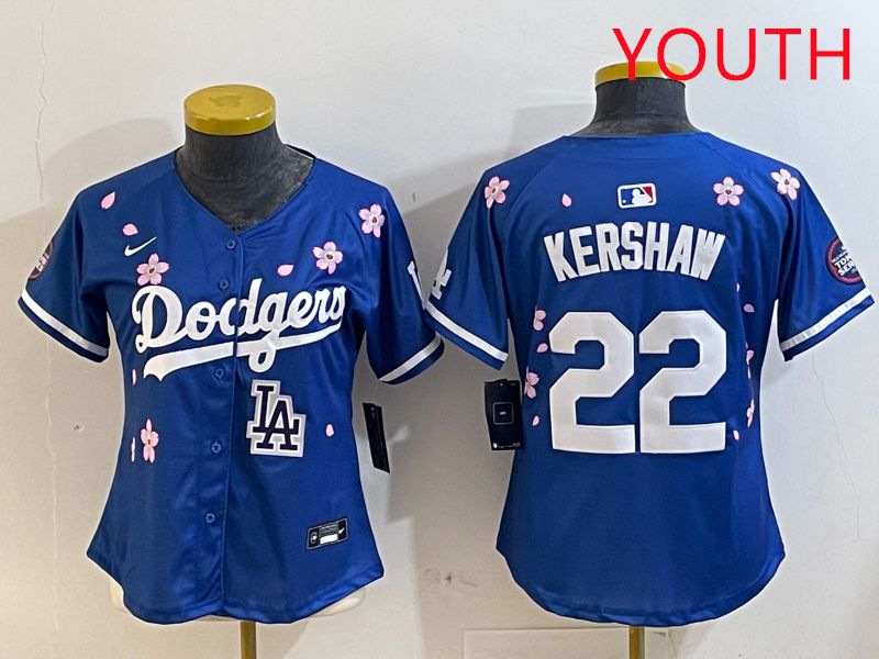 Youth Los Angeles Dodgers 22 Kershaw Blue White Blue Sakura Edition 2025 Nike MLB Jersey style 9